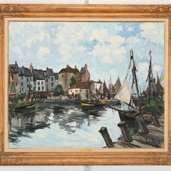 SOLD 9029 Fernand Herbo Oil on Canvas Harbor Scene