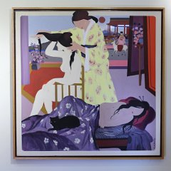 SOLD Oscar D'Amico Painting  of Chinese Figure Black Cat