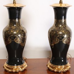 SOLD Pair Marbro Lamps Black Gilt Decoration Brass Mounts