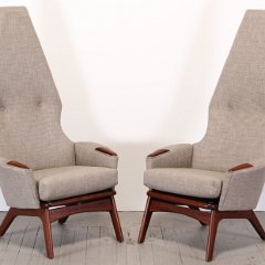 SOLD Adrian Pearsall Pair Grey Linen Tall Back Arm Chairs