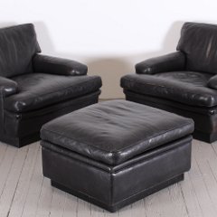 SOLD Arne Norell Black Leather Chairs and Ottoman