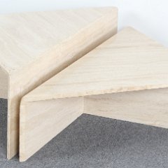 SOLD Travertine Marble Pair Triangle Side Tables